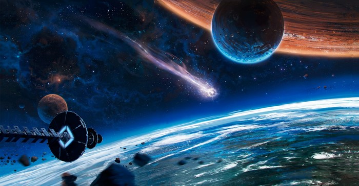 Space scene with planets, asteroid, and spaceship