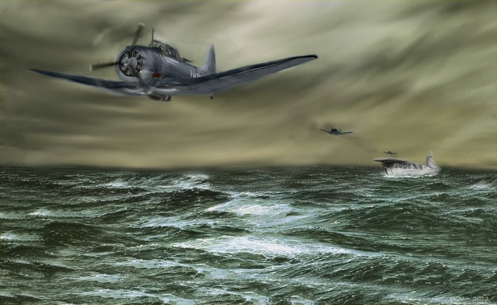 Aircraft carrier and planes over rough seas