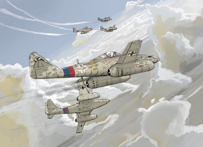 Messerschmitt Me 262 Fighter Airplanes in Flight