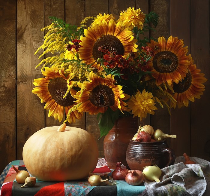 Still-life with Sunflowers, Pumpkin, and Onions