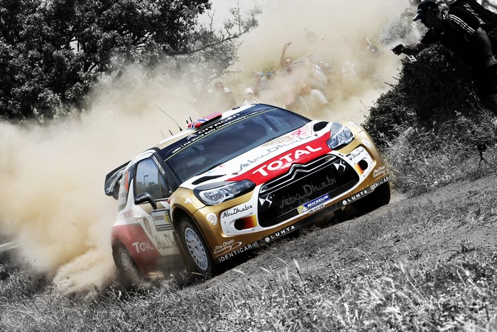 Citroen DS3 WRC rally car kicking up dust
