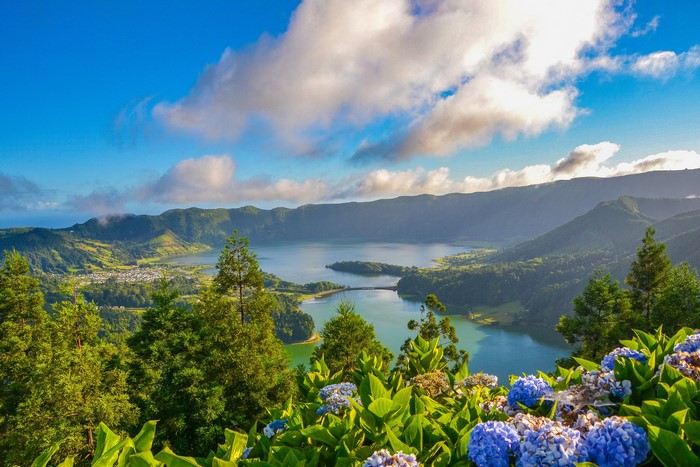 Lake surrounded by green hills and hydrangeas under a cloudy sky