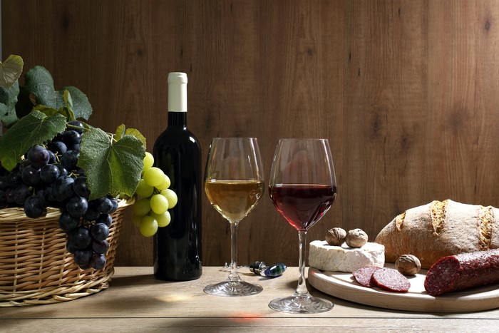 Wine, Grapes, Cheese, Sausage, Bread, Nuts, Bottle, Stemware