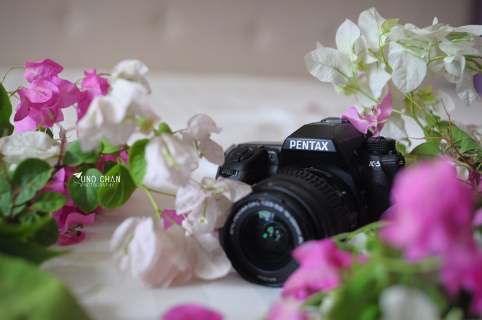 Pentax K-5 camera with flowers