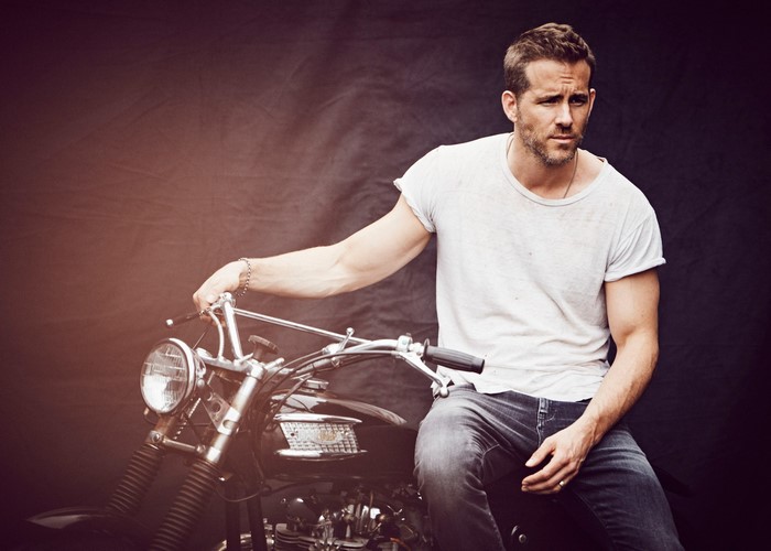 Ryan Reynolds on a BMW Motorcycle
