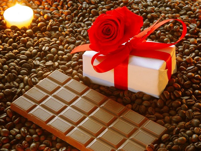 Chocolate bar, gift, rose, candle, and coffee beans