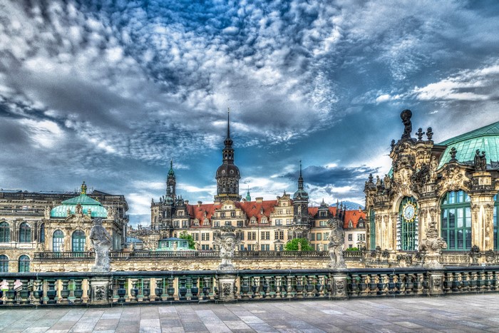 Dresden Zwinger Palace and Semperoper with dramatic clouds