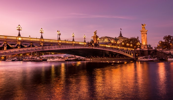 Pont Alexandre III bridge over Seine River at night in Paris