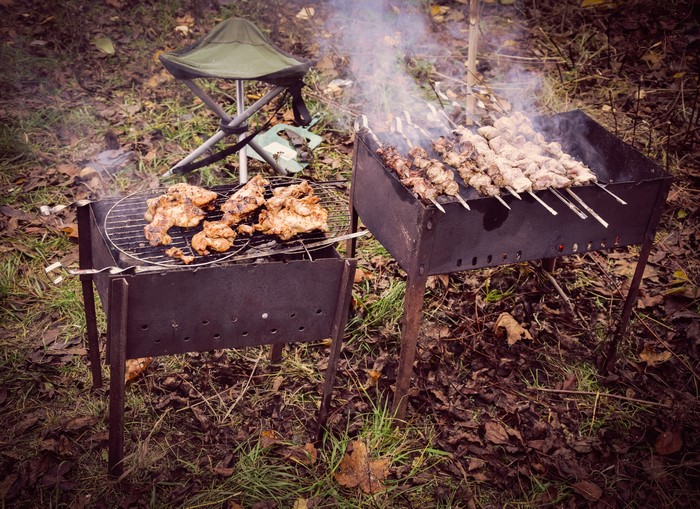 Shashlik and Chicken Grilling Outdoors