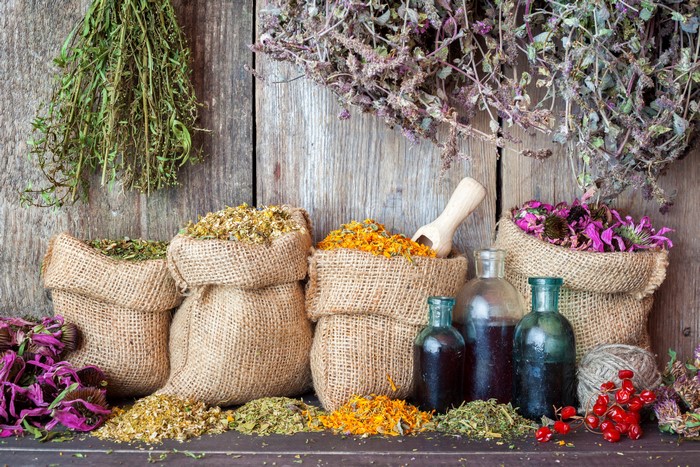 Dried Herbs and Spices in Burlap Sacks