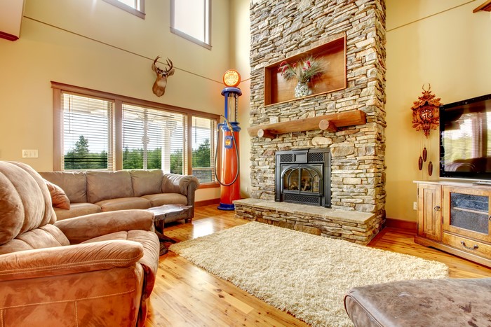 Living room with stone fireplace and sofa