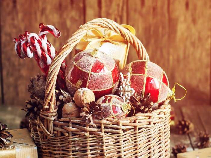 Christmas basket with ornaments and candy canes