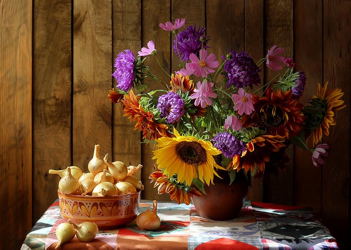 Bouquet of Sunflowers, Asters, Cosmos, and Onions