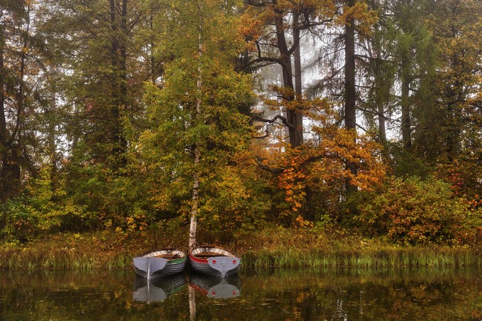 Two boats on a pond in Gatchina Park, Russia during autumn