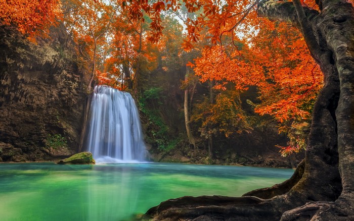 Erawan Waterfall in Thailand with Autumn Foliage