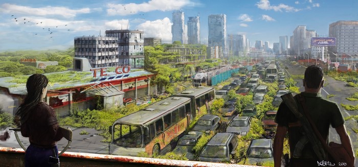 Post-apocalyptic city with abandoned Tesco and traffic jam