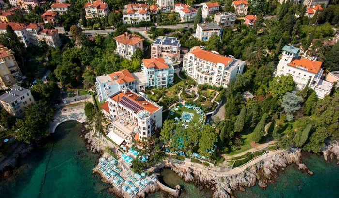 Aerial view of Opatija, Croatia coastline with hotels and sea