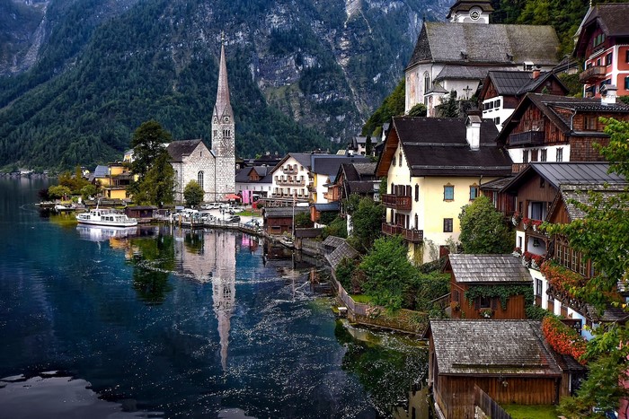 Hallstatt village on a lake in the Alps, Austria