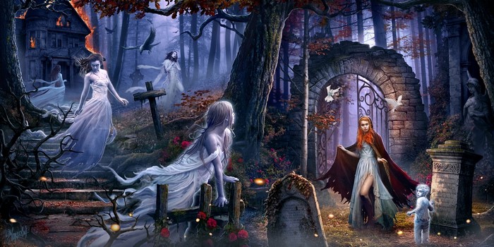 Ghosts in a haunted forest with a stone archway