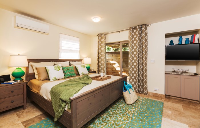 Bedroom Interior Design with Bed, Carpet, and Curtains