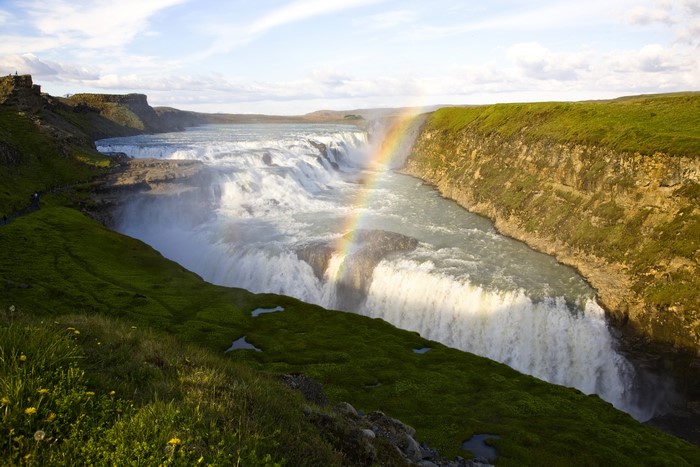 Gullfoss Waterfall with Rainbow in Iceland