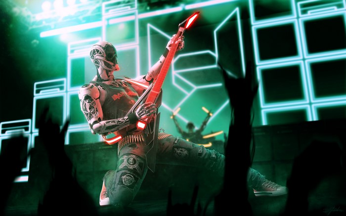 Robot playing guitar at a concert