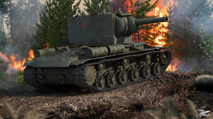 KV-2 tank in World of Tanks amidst a forest fire
