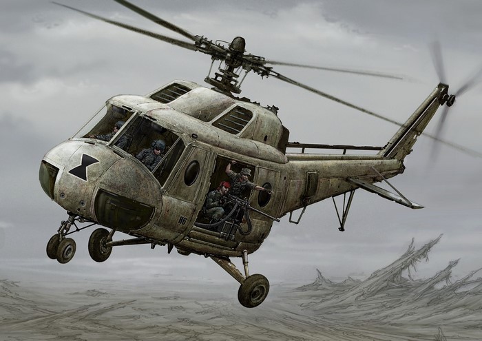 Mi-2 Helicopter with Soldiers in Flight