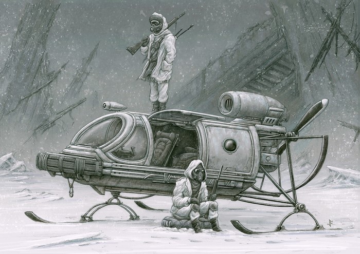 Soldiers with military vehicle in snowy landscape