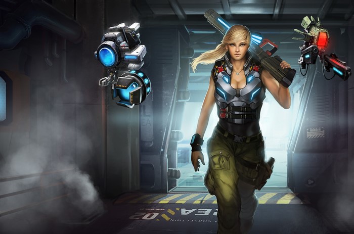 Woman with rifle and robots in sci-fi corridor