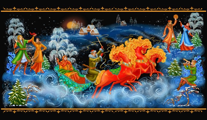 Winter scene with people, horses, and sleigh