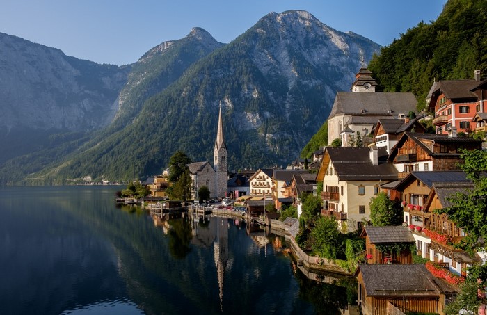 Hallstatt village on a lake with mountains in Austria