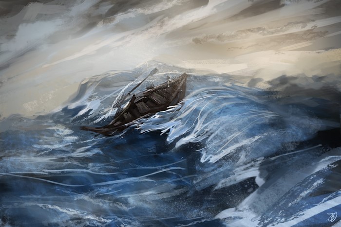 A small boat tossed in rough seas