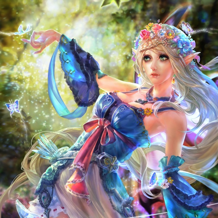 Blonde elf girl with flowers and butterflies