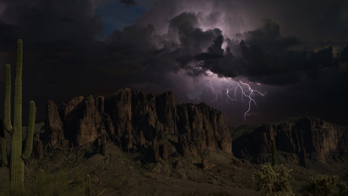 Lightning strikes over Superstition Mountains, Arizona