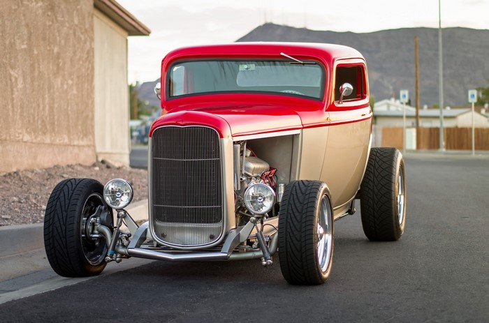 Red and tan 1932 Ford hot rod car