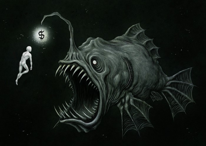 Anglerfish with dollar sign lure and human figure