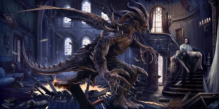 Dragon monster in a ruined mansion with a man carrying a woman