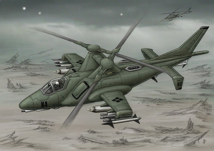 Futuristic attack helicopter in flight over barren landscape