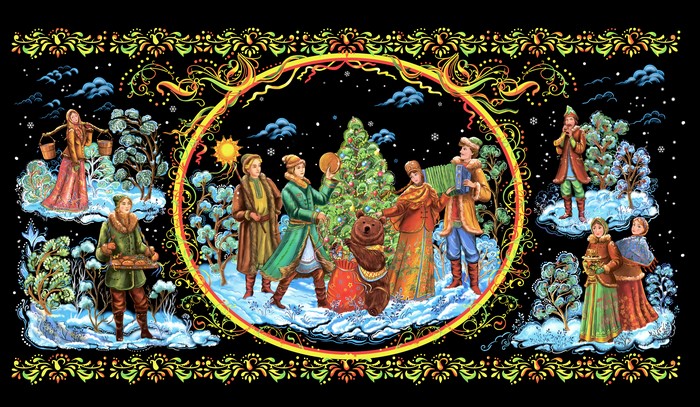 Palekh painting of a winter Christmas celebration