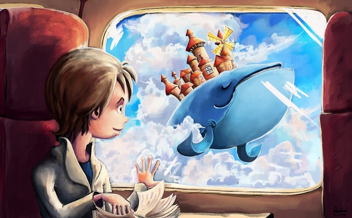 Boy looking at a whale with a castle in the sky