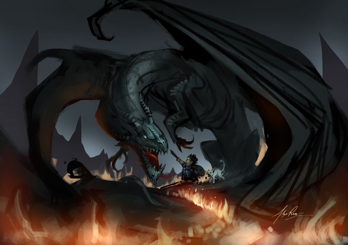 Dragon and person with sword and cats