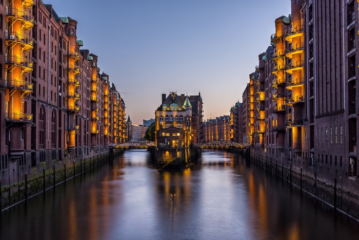 Speicherstadt Hamburg Germany at dusk