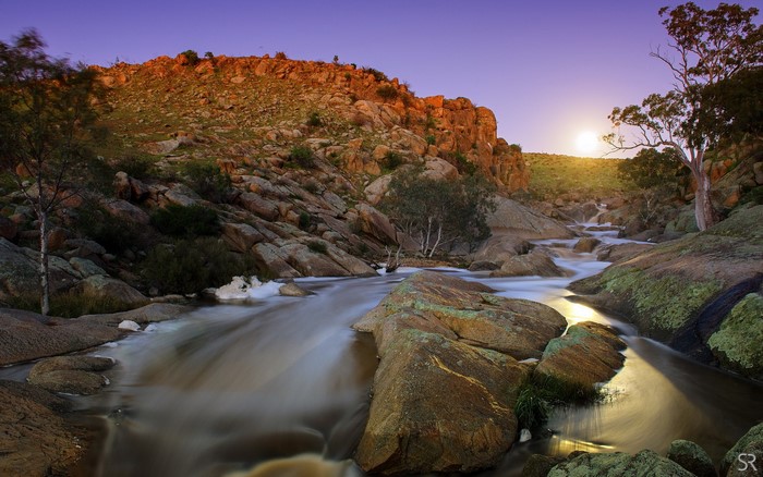 Rocky riverbed with trees at sunset