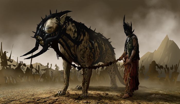 A warrior with a beast in a desolate landscape