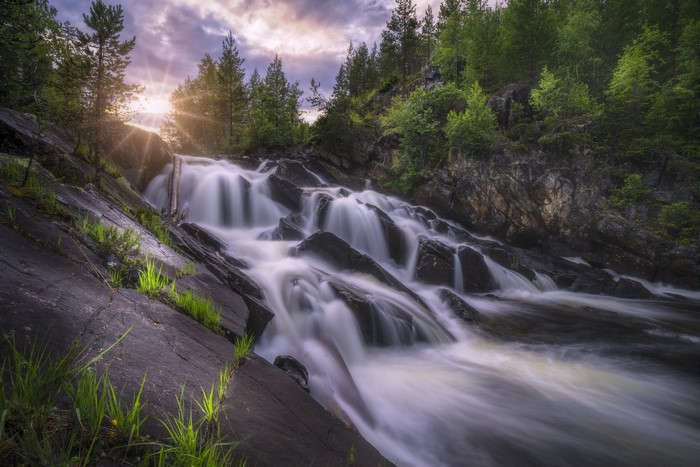 4K Waterfall and River in Ringerike Norway at Sunset