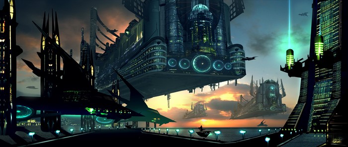 Futuristic city with flying vehicles at sunset