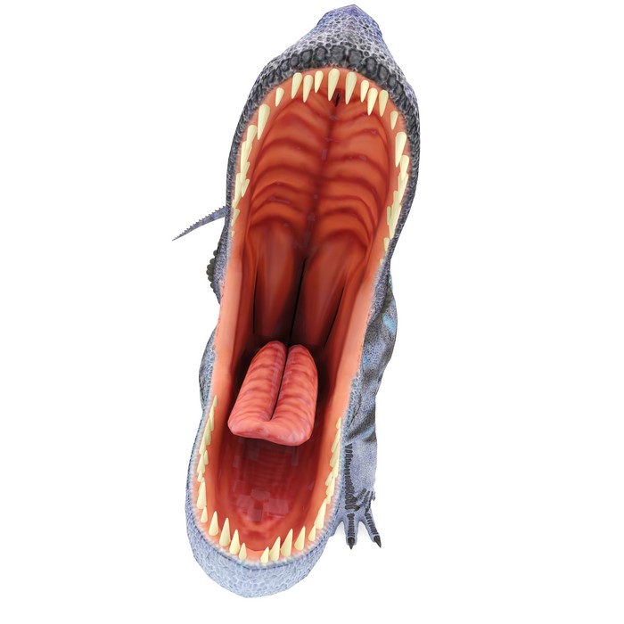 Blue Majungasaurus with mouth open showing teeth