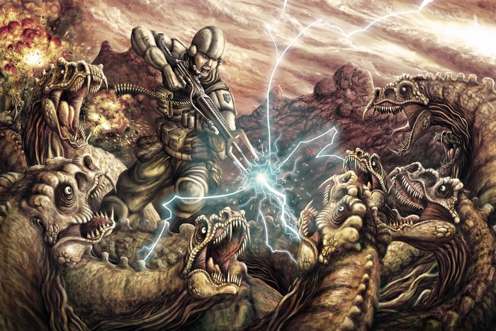 Soldier fighting dinosaurs with lightning gun