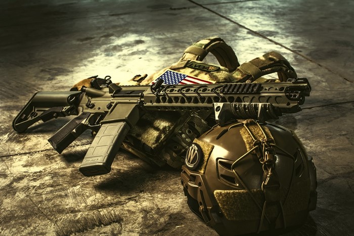 M4 Carbine Rifle with Helmet and American Flag Patch